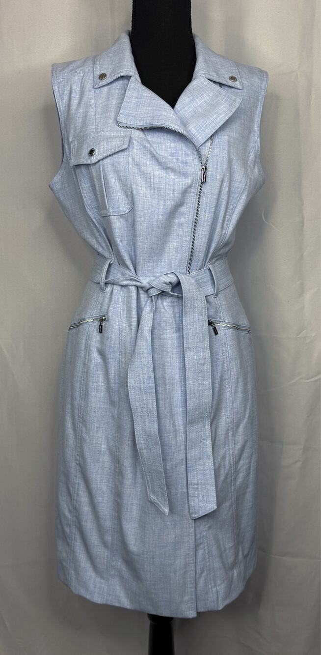 Womens Calvin Klein Regatta Blue Front Asymmetrical Zip Belted Moto Dress Sz 12
